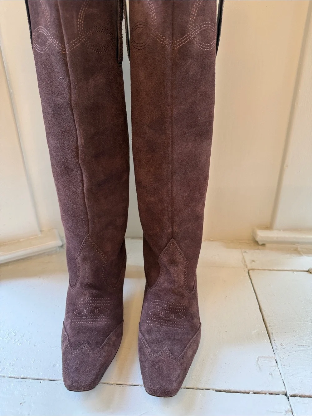 Schutz western Brown Suede Knee High Boots 7B Square Toe Sculptural Heel
